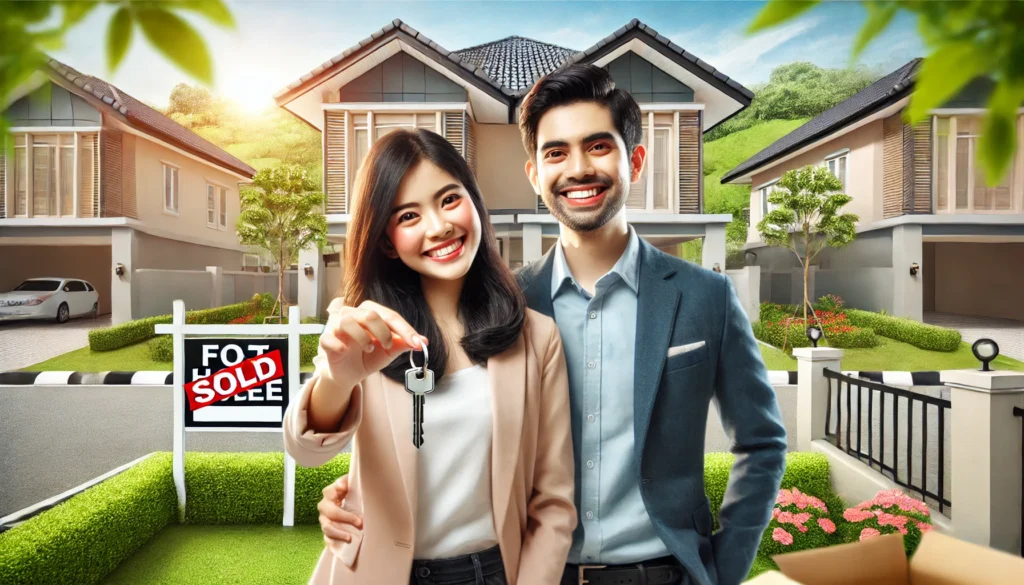 Excited young Malaysian couple holding keys to their newly purchased home in a modern neighborhood, with a 'Sold' sign in the background, symbolizing the success of being a First Home Buyer Malaysia