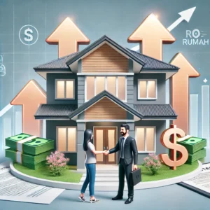 Feature image of a modern Malaysian house with upward arrows, a real estate agent shaking hands with a couple, representing the rise in market value rumah