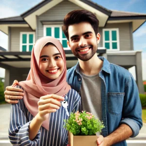 Happy Malaysian couple holding house keys, celebrating their rumah pertamaku Selangor