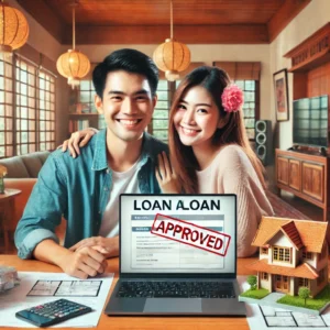 Happy couple using kalkulator loan rumah and kalkulator kelayakan loan rumah on laptop, with loan approval, house plans, and approved documents around them