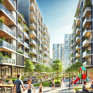 Happy residents enjoying a modern apartment complex, showcasing a lively community atmosphere in the vibrant and comfortable 'Apartment Idaman