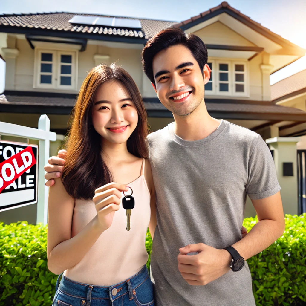 Happy young Malaysian couple holding keys in front of their new home with a 'Sold' sign, representing a successful purchase as First Home Buyer Malaysia