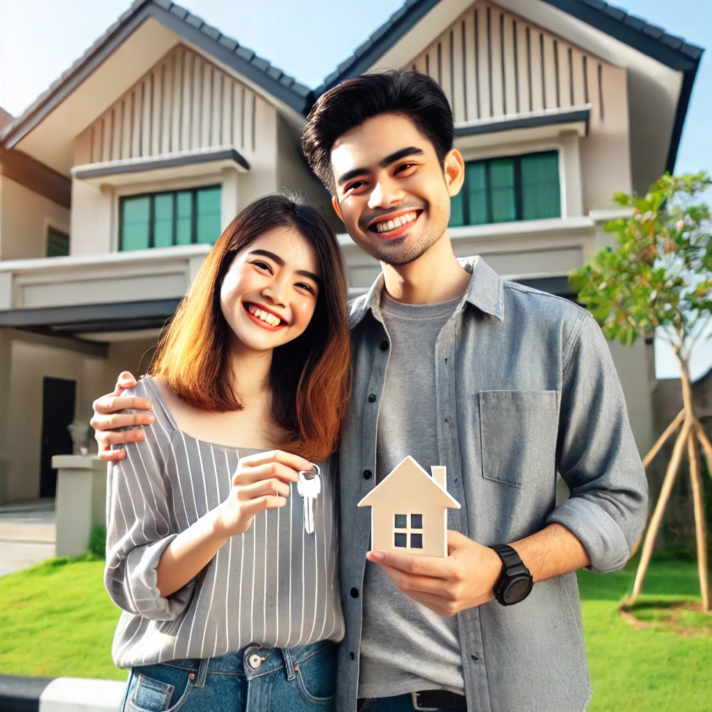 Joyful couple in front of their first home in Selangor, smiling with house keys in hand, symbolizing rumah pertamaku Selangor success