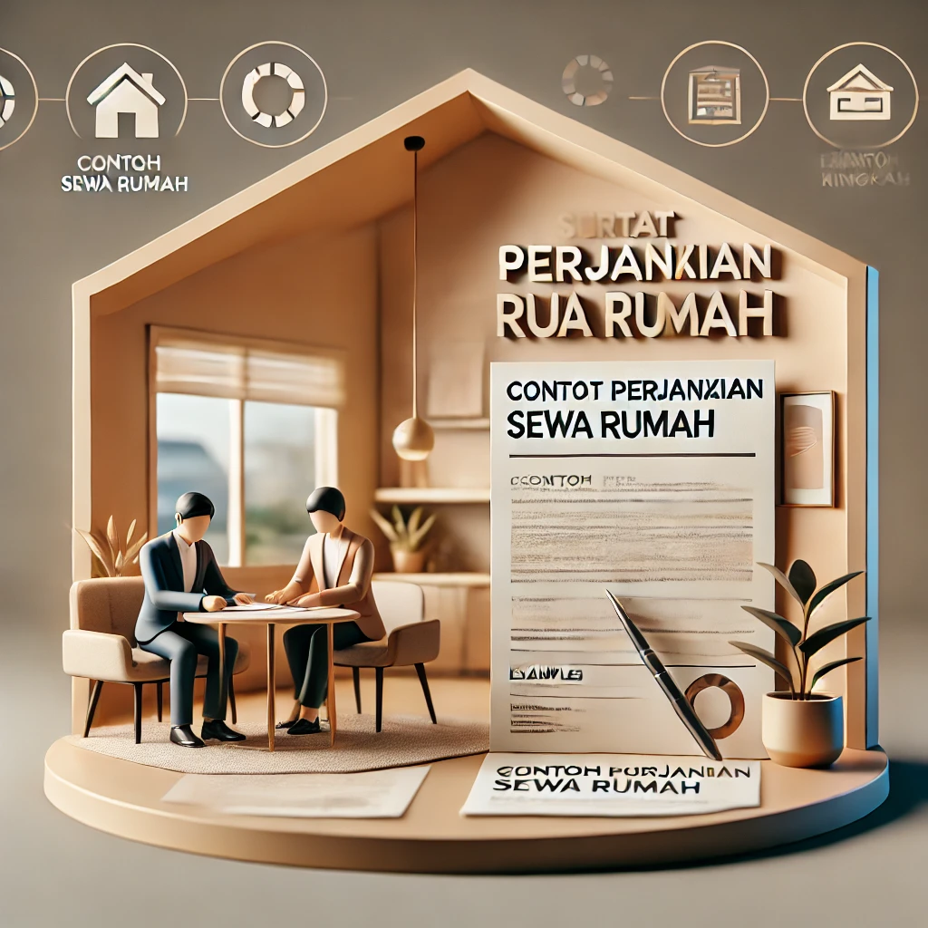 Landlord and tenant reviewing a surat perjanjian sewa rumah with contoh surat perjanjian sewa rumah yang ringkas in a cozy, modern living room setting