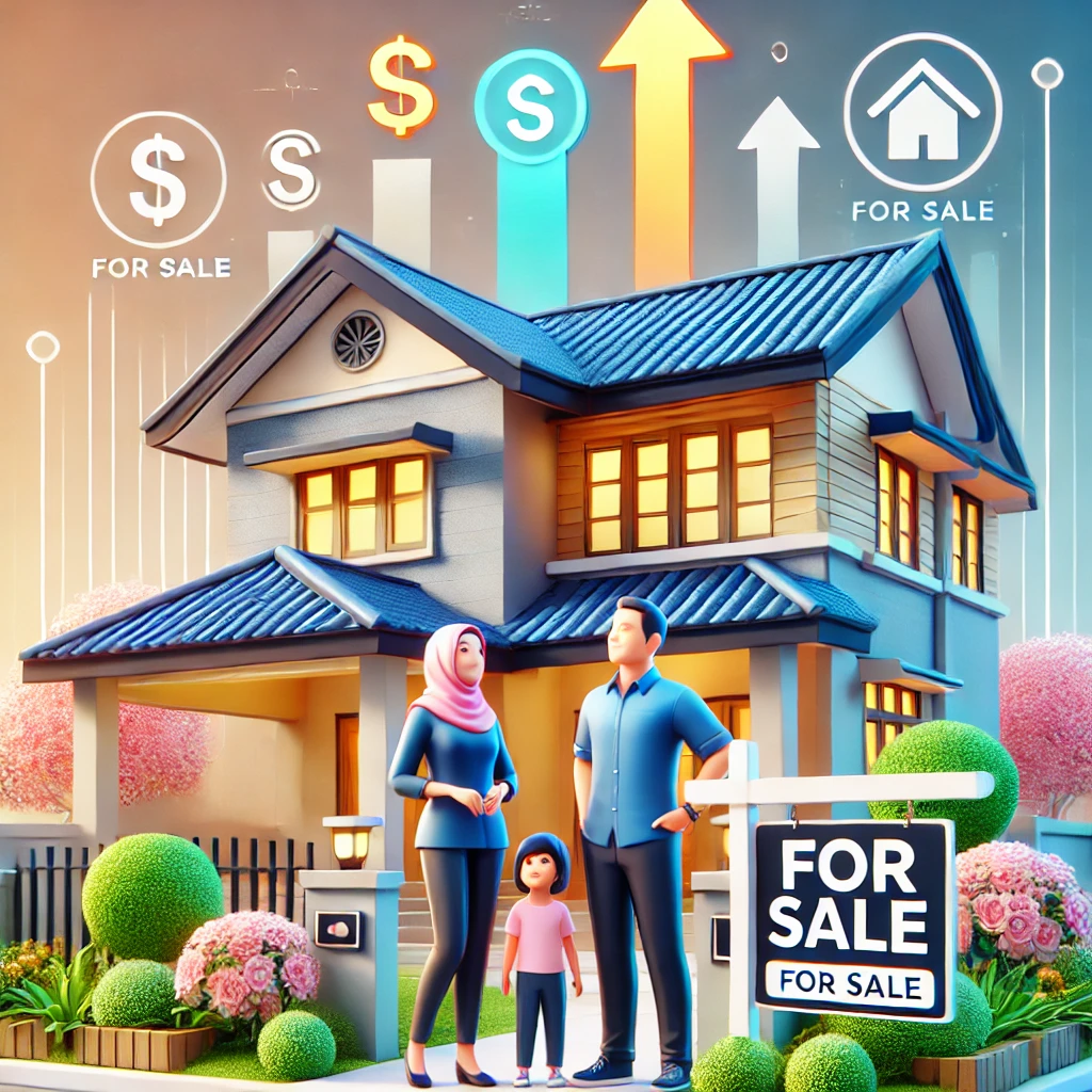 Malaysian family outside a well-maintained house with a 'For Sale' sign, representing the concept of increasing market value rumah