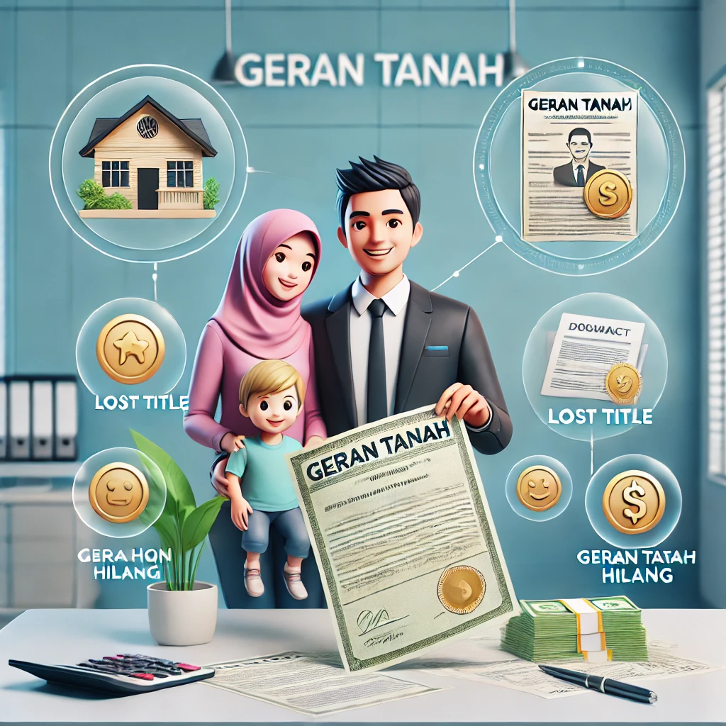 Malaysian family receiving geran tanah from real estate agent, highlighting contoh geran tanah, geran tanah hilang, and cara memohon geran tanah
