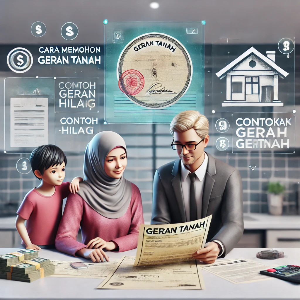 Malaysian family reviewing contoh geran tanah with a real estate agent, discussing cara memohon geran tanah and cara dapatkan salinan geran tanah after geran tanah hilang