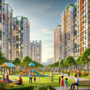 Modern high-rise apartment complex for Rumah Selangorku Kajang, featuring a harmonious environment with families enjoying a landscaped park