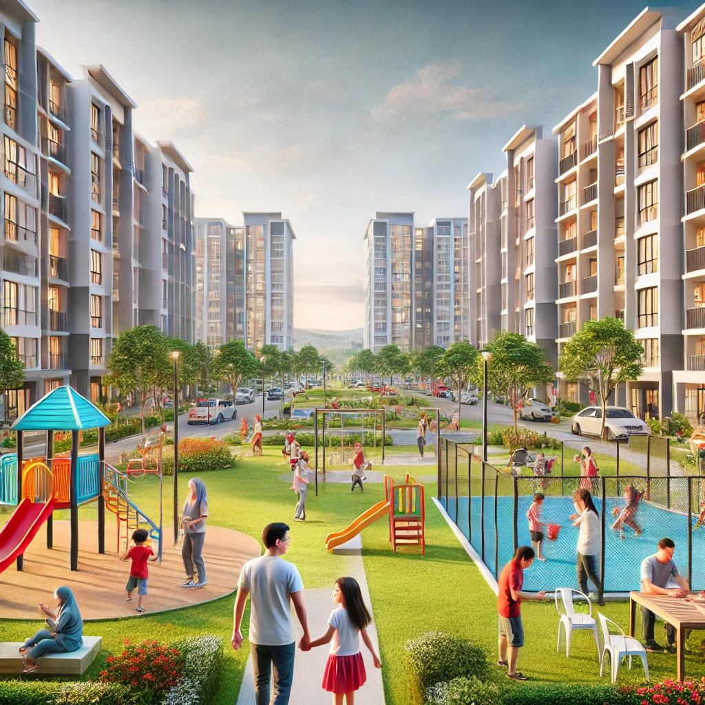 Rumah Selangorku Rawang community with high-rise apartments and single-storey homes, featuring families and happy couples enjoying a small playground and green area