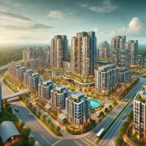 Wide-angle shot of a modern residential area under the Selangorku Idaman Residensi scheme, featuring stylish, affordable apartments with green surroundings and family-friendly amenities