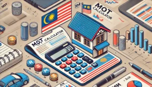 Feature image for MOT Calculator in Malaysia showing a house, calculator, and MOT document