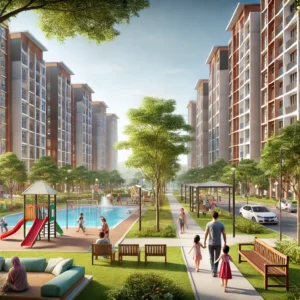 Feature image of affordable apartments at Rumah Selangorku Pulau Meranti, with green spaces, a playground, and families enjoying the community setting