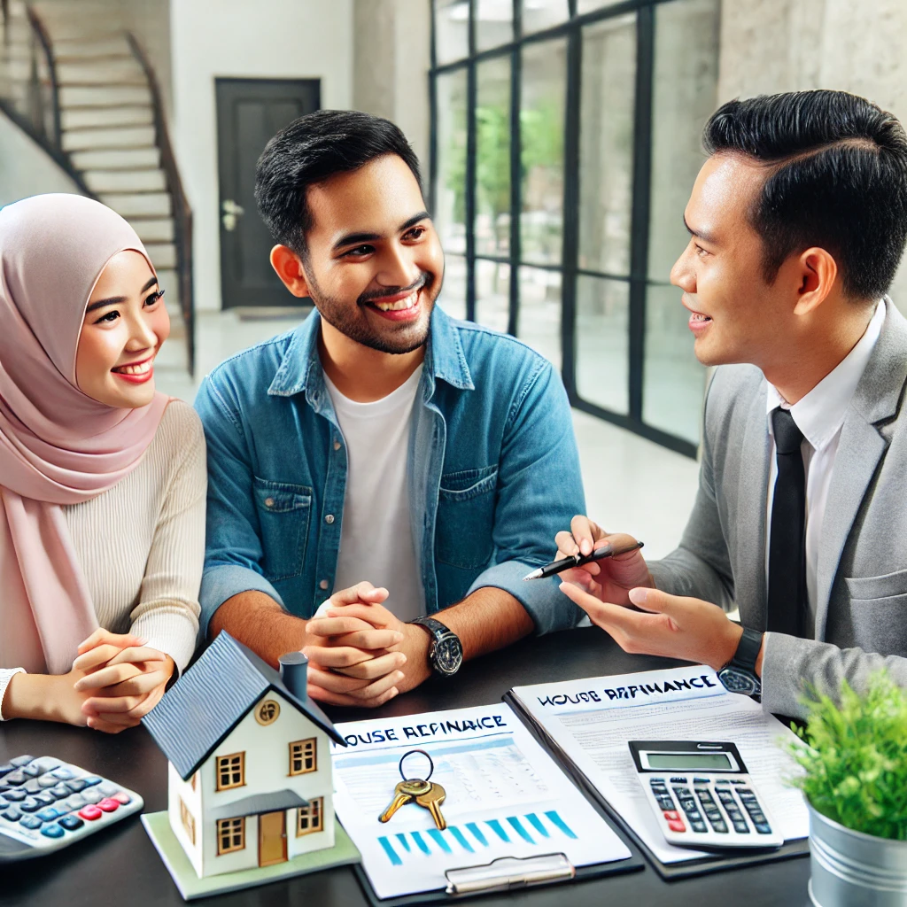 Happy Malaysian couple discussing cara refinance rumah options with a bank officer, surrounded by documents and house keys