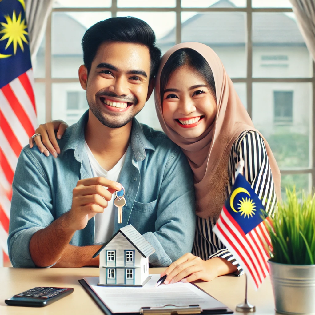 Happy Malaysian couple signing documents for cara tukar nama rumah with house keys and a small model house in front of them