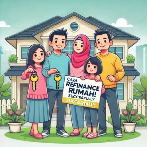 Happy Malaysian family holding a 'Refinanced Successfully!' sign and house keys, celebrating their successful cara refinance rumah process in front of their home