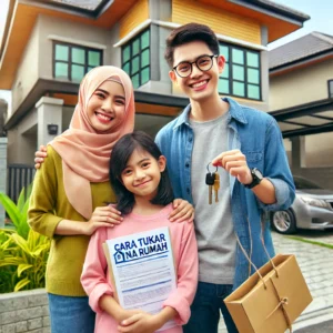 Happy Malaysian family standing in front of their house, holding documents and house keys, celebrating cara tukar nama rumah process completion