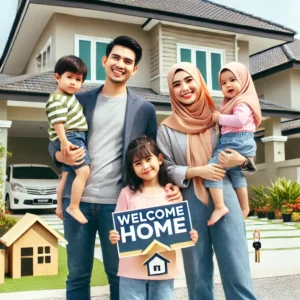 Happy Malaysian family standing proudly in front of their new house, holding a 'Welcome Home' sign and house keys, celebrating cara beli rumah made easy