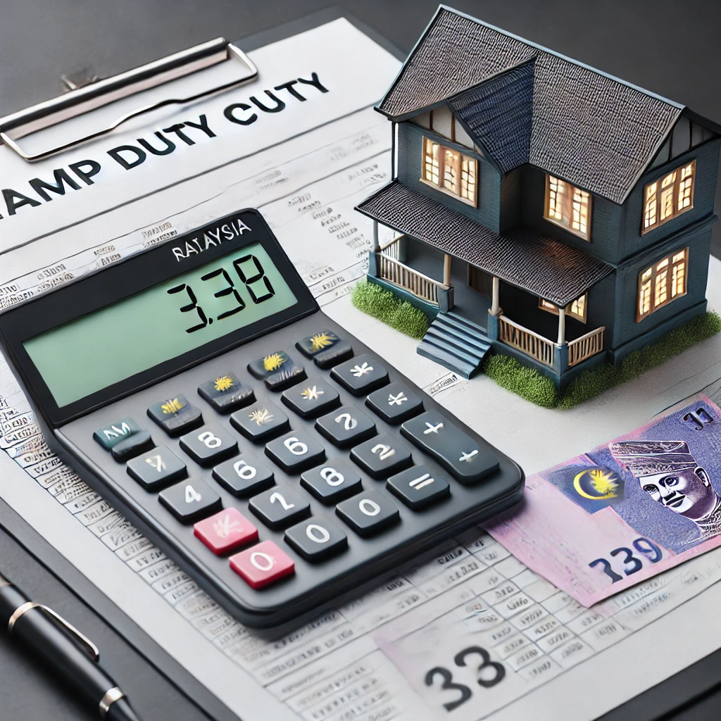 Stamp duty calculator Malaysia showing house, calculator, and stamp duty document