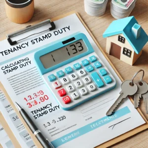 Feature image for tenancy stamp duty calculator blog – rental agreement, calculator, and house keys for Malaysian tenants and landlords