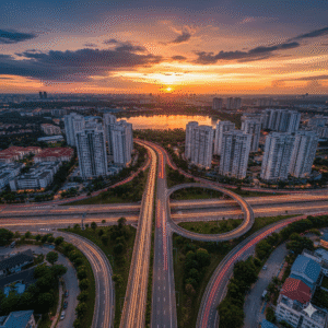 Pemandangan udara bandar Puchong Jaya, lebuhraya dan tasik waktu senja