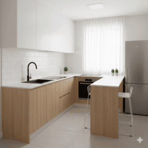 Rekaan ruang tamu moden minimalis apartment 550 sqft di Puchong Jaya
