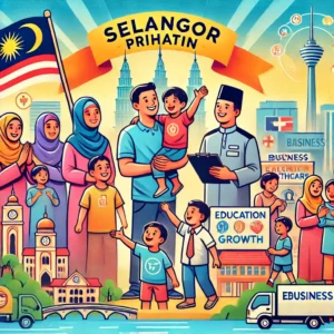 Colorful representation of Selangor Prihatin with a supportive community and modern Selangor skyline