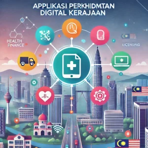 Malaysian cityscape with vibrant icons representing 'aplikasi perkhidmatan digital kerajaan,' highlighting digital services like health, finance, and licensing