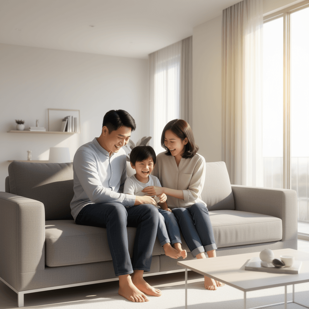Keluarga gembira di ruang tamu apartment freehold Subang Jaya bawah 300k