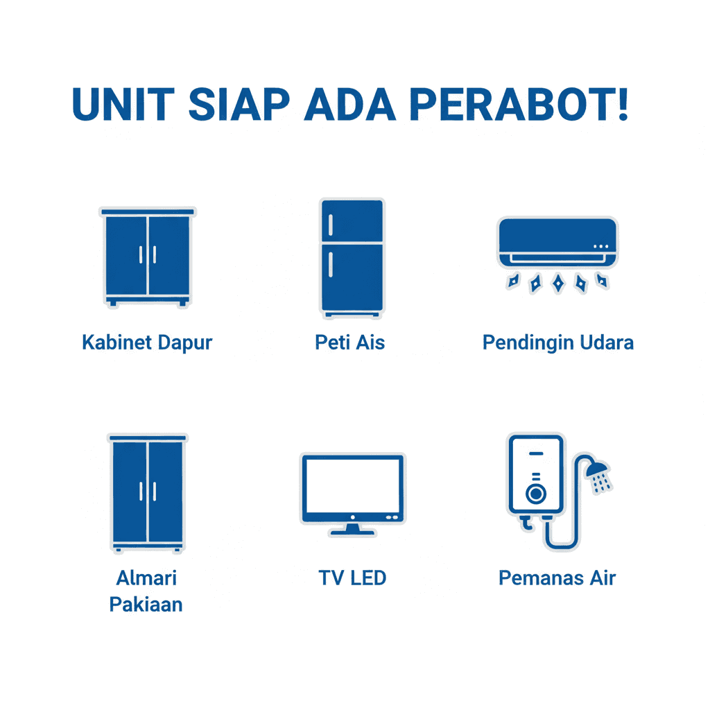 Pakej separa berperabot (partially furnished) di Ilham Residensi, termasuk kabinet dapur, peti sejuk, dan aircon.
